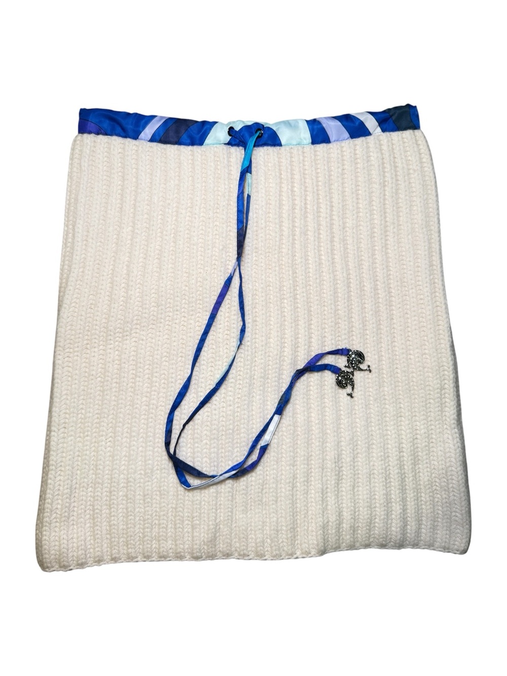 Emilio Pucci Cream Knit Midi Skirt with Blue Silk Waist Tie